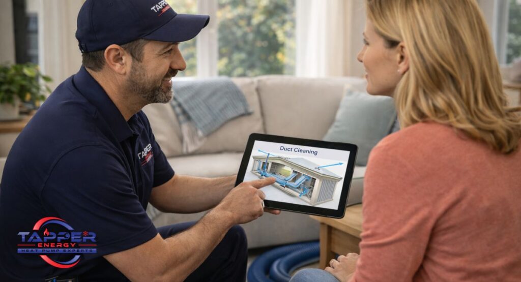 Tapper Energy HVAC technician reviewing duct cleaning results with Enola PA homeowner on tablet in living room