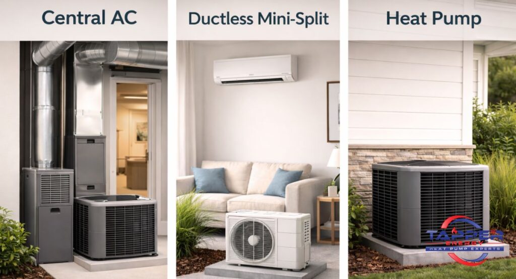 Three-panel vertical comparison of central AC with ductwork, ductless mini-split wall unit, and modern heat pump system in suburban residential settings