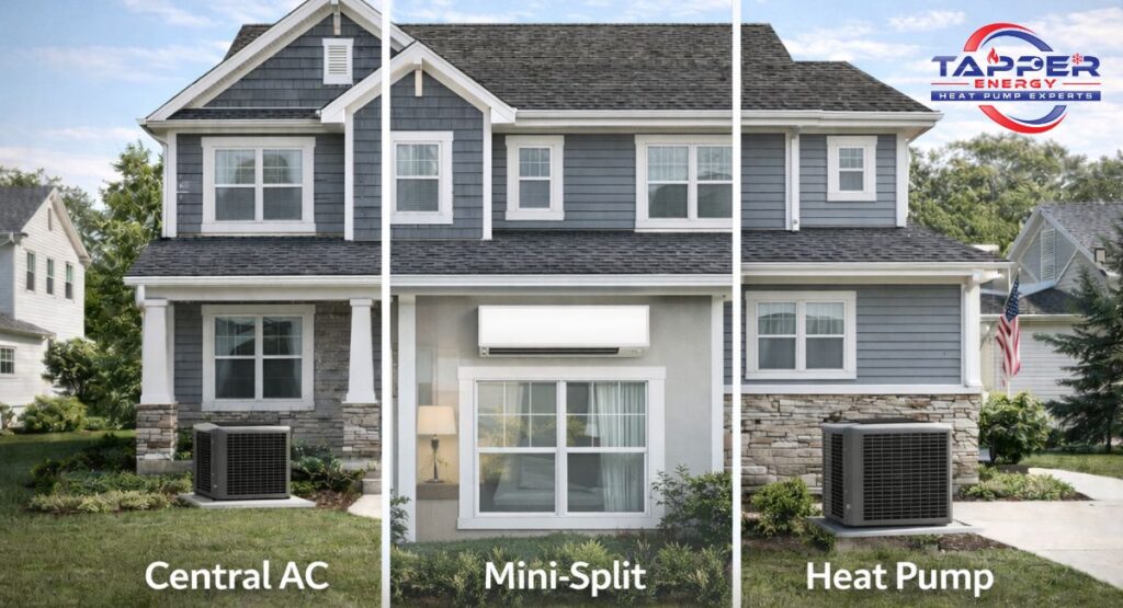 Side-by-side comparison of three HVAC system types on the same suburban home — central AC condenser, ductless mini-split indoor unit, and heat pump outdoor unit