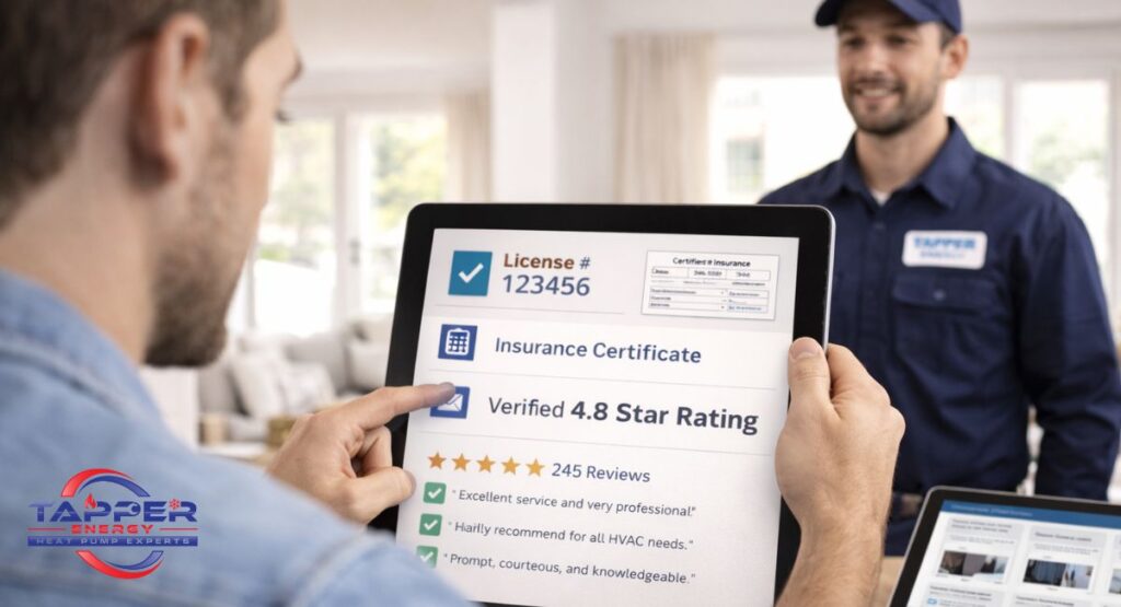 Homeowner reviewing HVAC contractor credentials license number insurance certificate and online reviews on tablet with uniformed technician nearby in suburban home