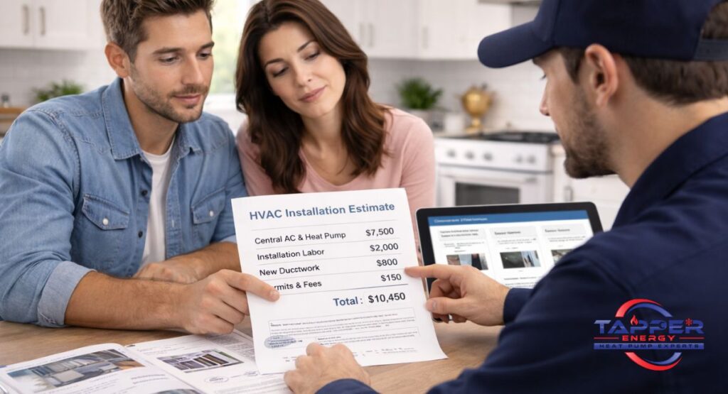 Homeowner reviewing detailed HVAC installation estimate with technician showing equipment cost labor installation and permit line items in suburban home