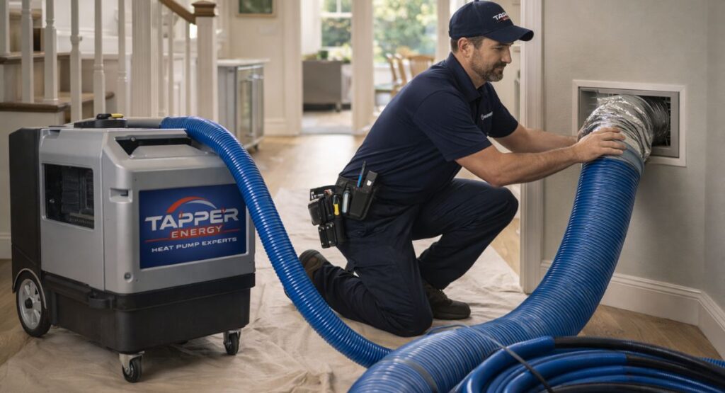 Tapper Energy technician setting up professional duct cleaning equipment with negative air machine in Enola PA home