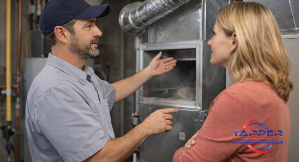 Tapper Energy HVAC technician explaining duct cleaning process to Enola PA homeowner beside air handler in basement