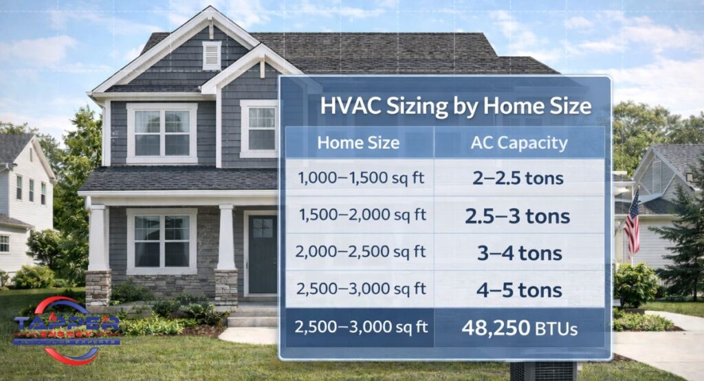 HVAC sizing chart overlay on a suburban home showing AC tonnage by square footage — 1,000 to 3,000 sq ft ranges mapped to 2 to 5 ton system recommendations