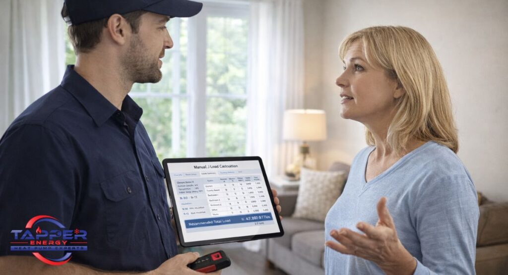 HVAC technician conducting a professional home sizing evaluation with a homeowner in a bright suburban living room, holding a tablet with a load calculation screen and a laser measurer