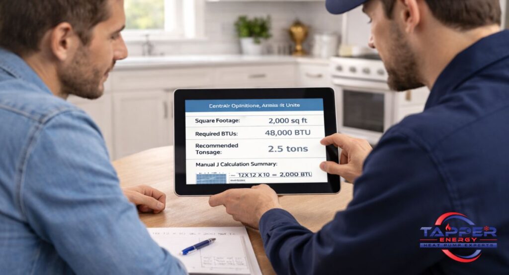 HVAC technician showing homeowner Manual J load calculation results on tablet with square footage BTU and tonnage recommendations at kitchen table