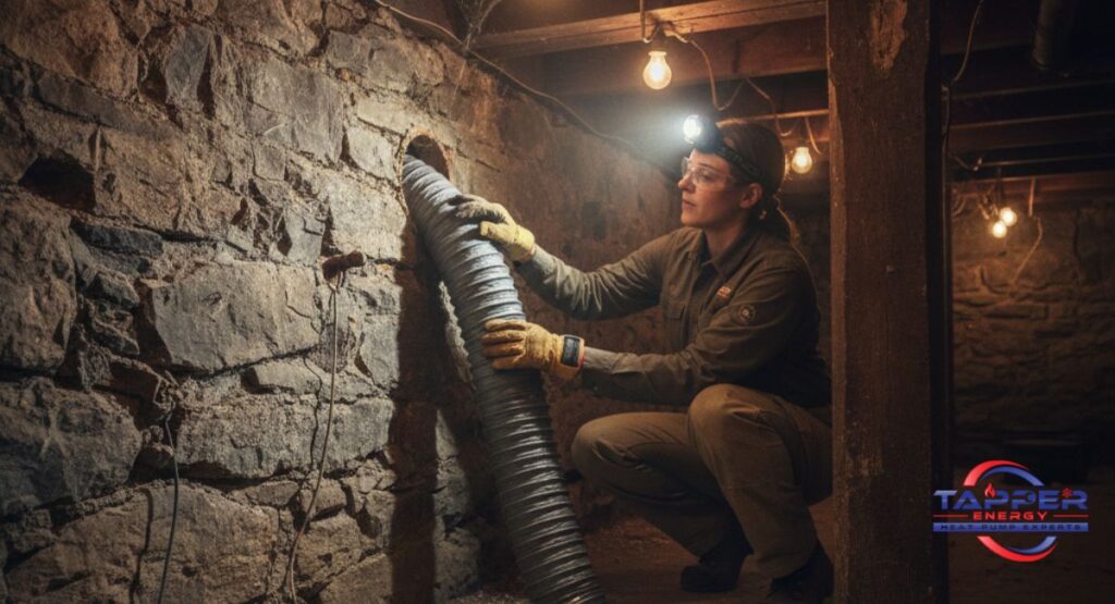 High-velocity HVAC small duct installation in historic home basement — Camp Hill PA heating contractor
