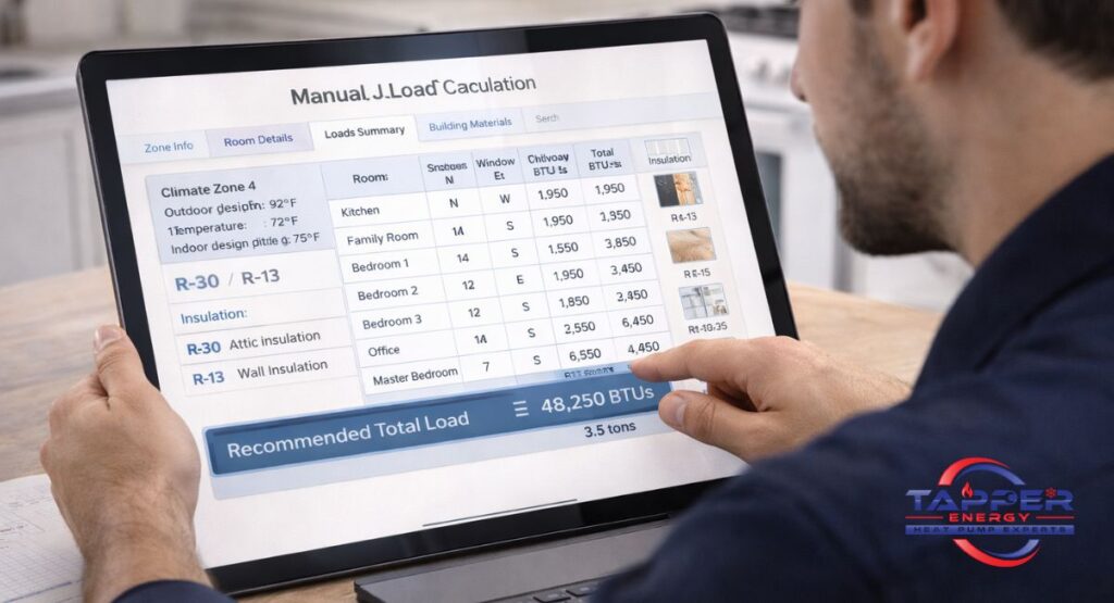 HVAC technician reviewing a Manual J load calculation screen showing room-by-room heat gain, insulation R-values, window orientation, climate zone, and final BTU recommendation