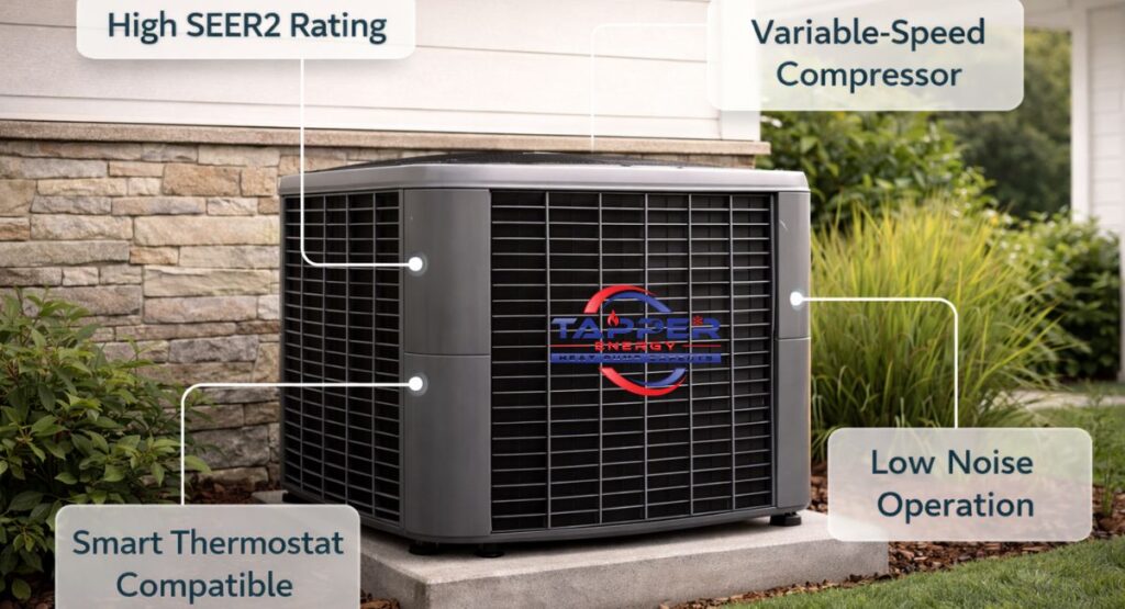 Modern 2026 outdoor heat pump unit with overlay callouts showing high SEER2 rating, variable-speed compressor, smart thermostat compatibility, and low noise operation