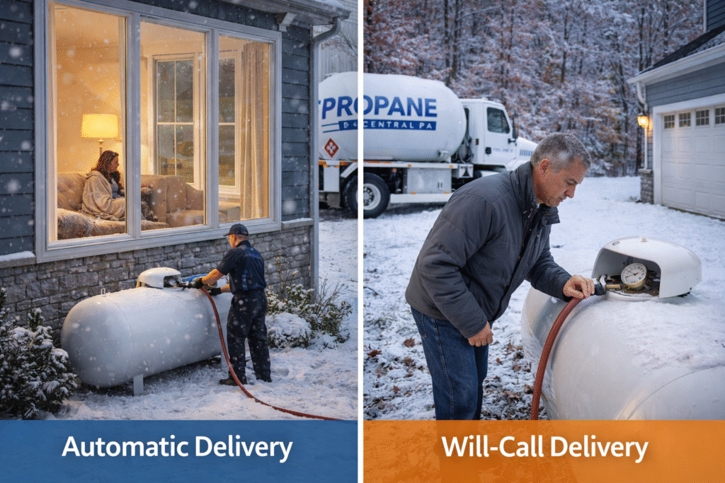 Side-by-side comparison of automatic propane delivery versus will-call service for Central PA homeowners in Harrisburg and Mechanicsburg showing a relaxed homeowner inside during automatic delivery and a concerned homeowner checking their propane tank gauge without a truck present