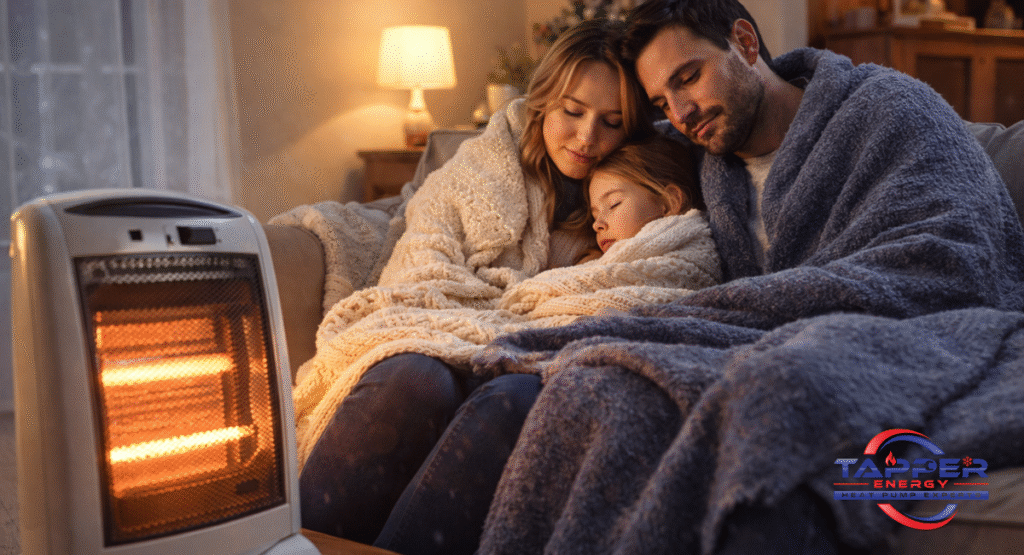 Family wrapped in blankets near a safely placed space heater while waiting for emergency propane delivery Newport PA service
