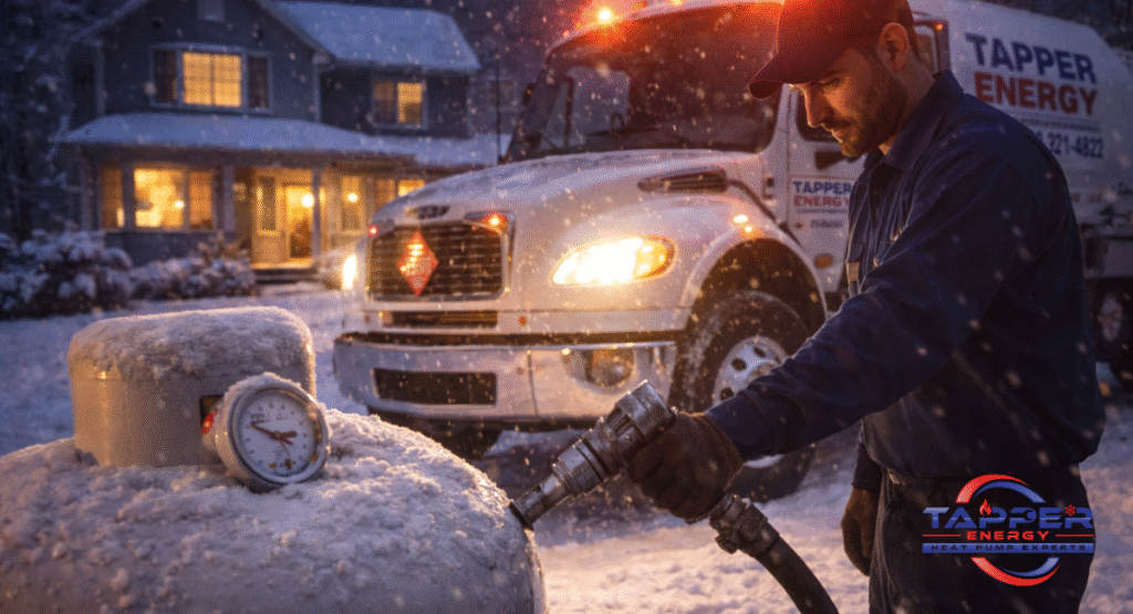 Tapper Energy bobtail truck with lights on during a nighttime emergency propane delivery Newport PA tank refill in winter