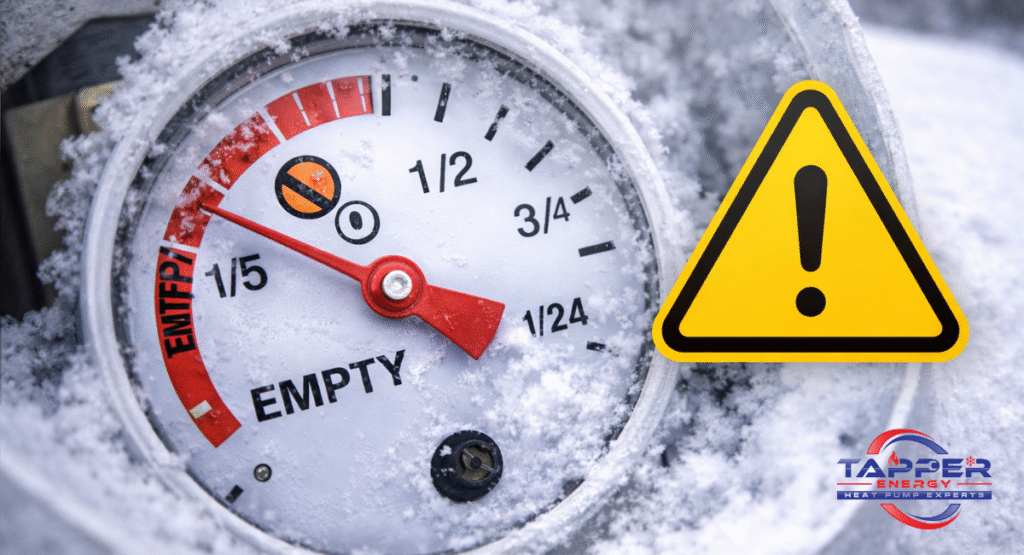 Propane tank gauge needle in the red empty zone with frost — a clear sign you need emergency propane delivery Newport PA