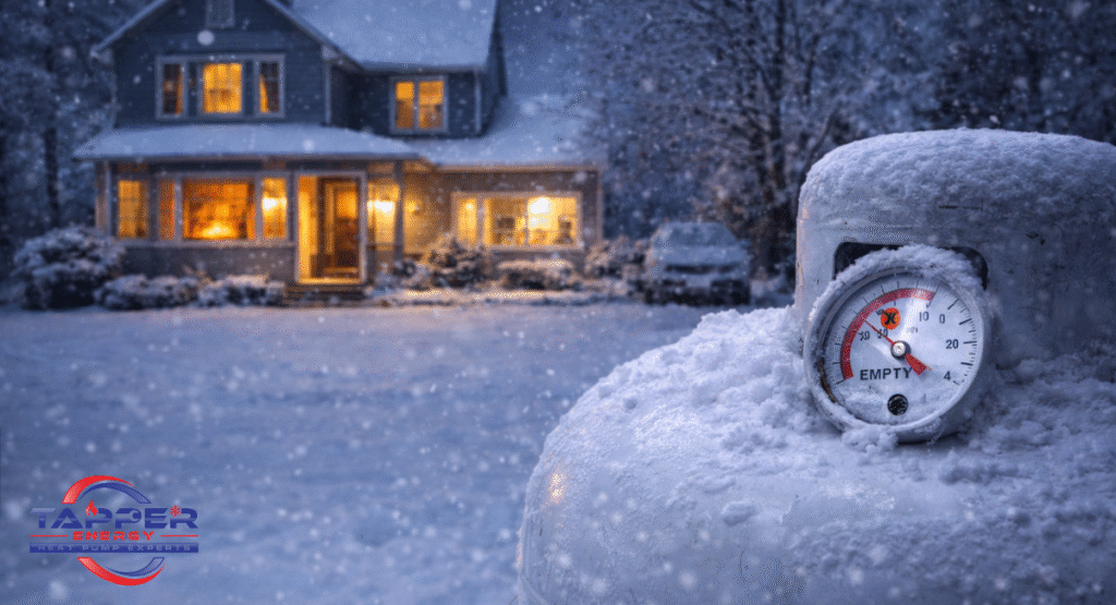 Snowy Perry County home with warm lights glowing inside and propane tank outside — why emergency propane delivery Newport PA matters