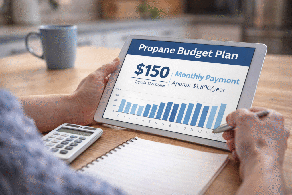Central PA homeowner reviewing a monthly propane budget plan with payment breakdown and annual usage estimate on a tablet at a kitchen table representing Tapper Energy affordable propane pricing plans for Harrisburg and Mechanicsburg PA residents