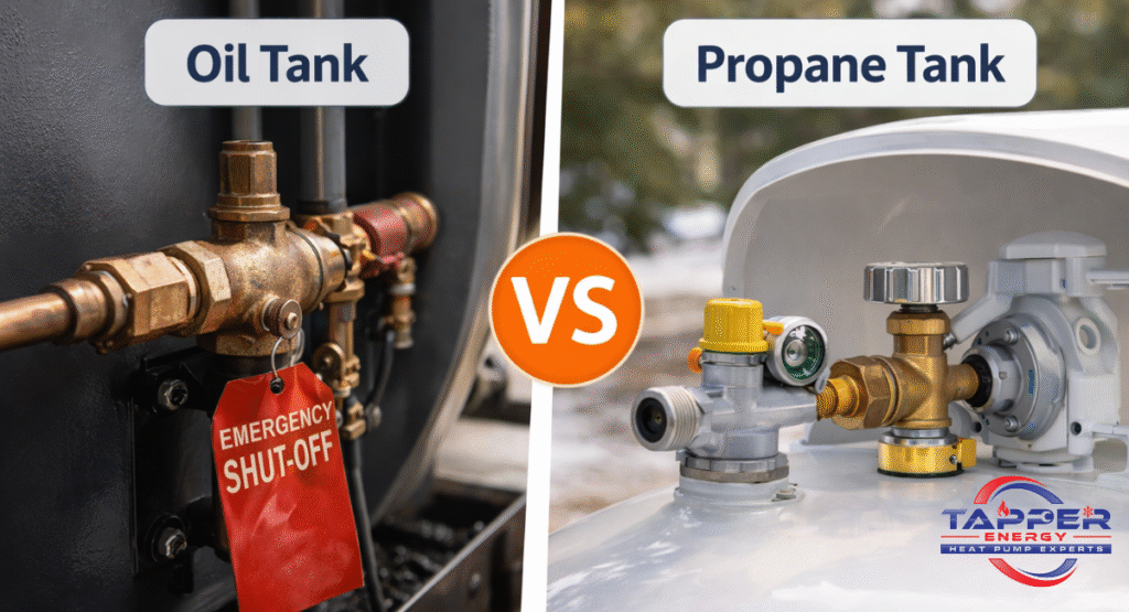 Macro close-up comparison of residential heating system safety components showing heating oil tank shut-off valve and containment system on the left versus a modern propane regulator pressure valve and protective dome on the right for Central PA homes across Harrisburg Mechanicsburg Dauphin County and Cumberland County installed and serviced by Tapper Energy