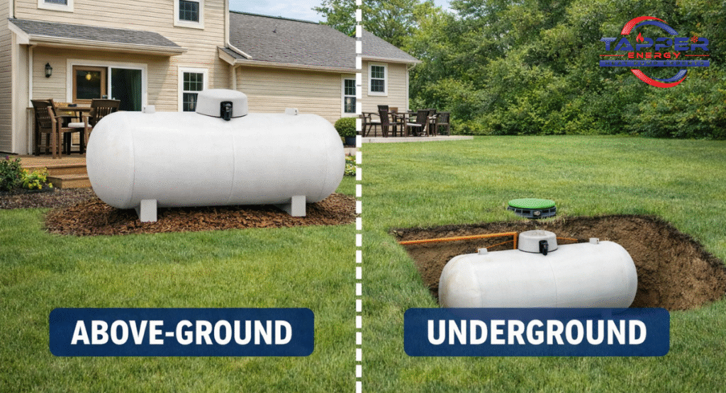 Propane tank installation Camp Hill — split comparison of above-ground tank versus underground tank in the same residential yard