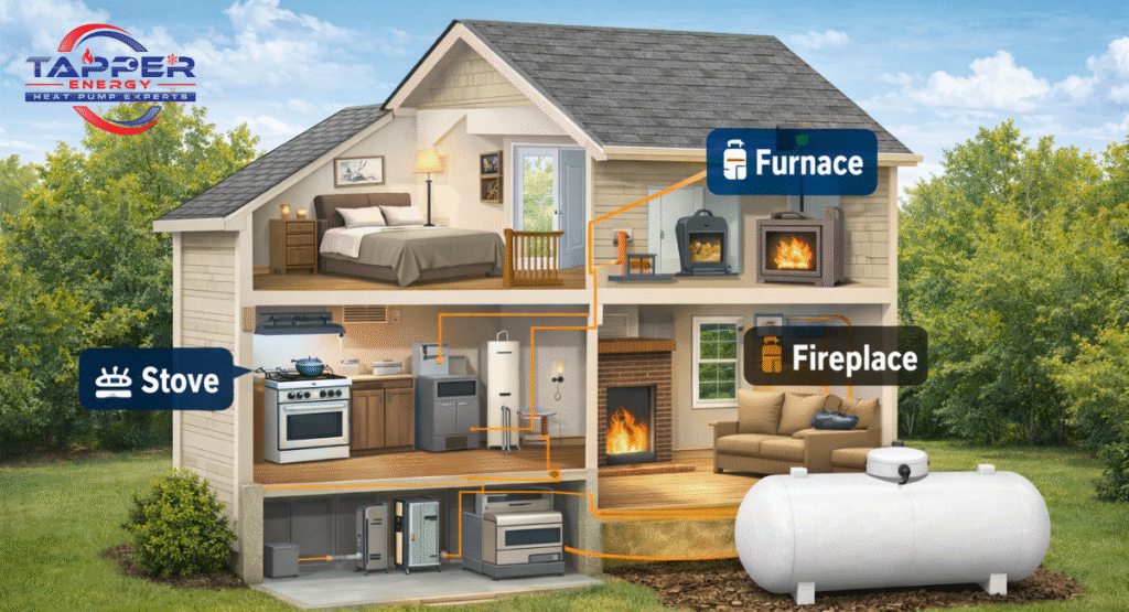 Cutaway house diagram demonstrating how a propane tank installation Camp Hill connects to a home's furnace, stove, and water heater.