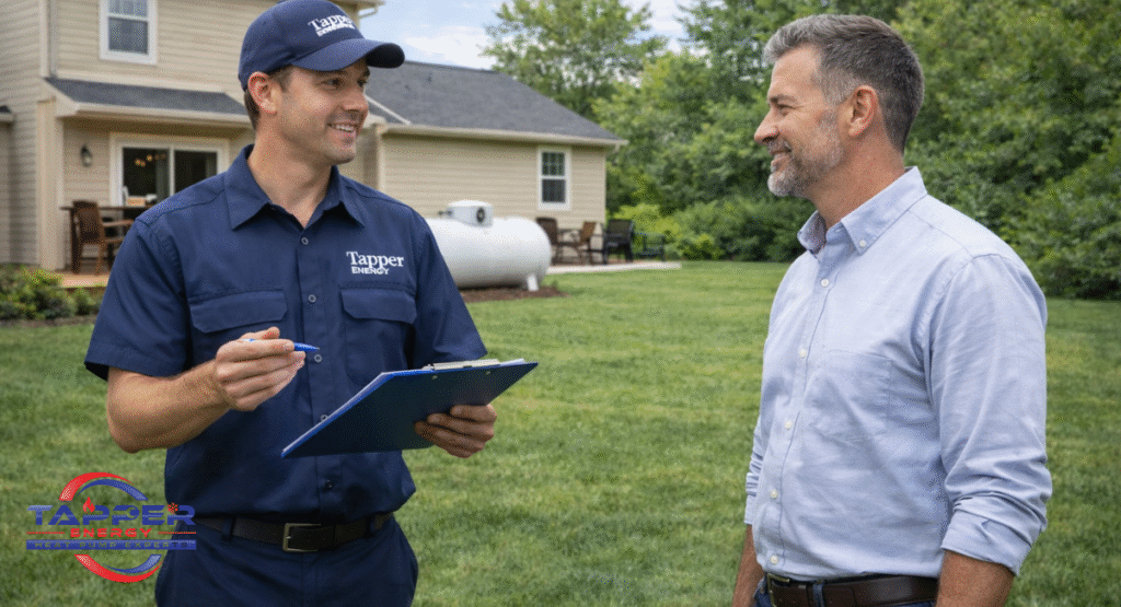 Tapper Energy technician advising a homeowner during a propane tank installation Camp Hill site assessment in a residential backyard
