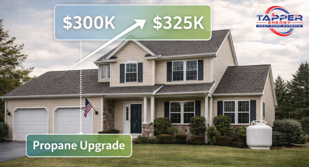 Beautiful suburban Central PA home with infographic overlay showing home price increasing from 300000 dollars to 325000 dollars with upward arrow and Propane Upgrade label in soft blue and green tones representing how propane system upgrades increase resale value for homeowners in Mechanicsburg and Harrisburg PA Dauphin County and Cumberland County real estate market 2026