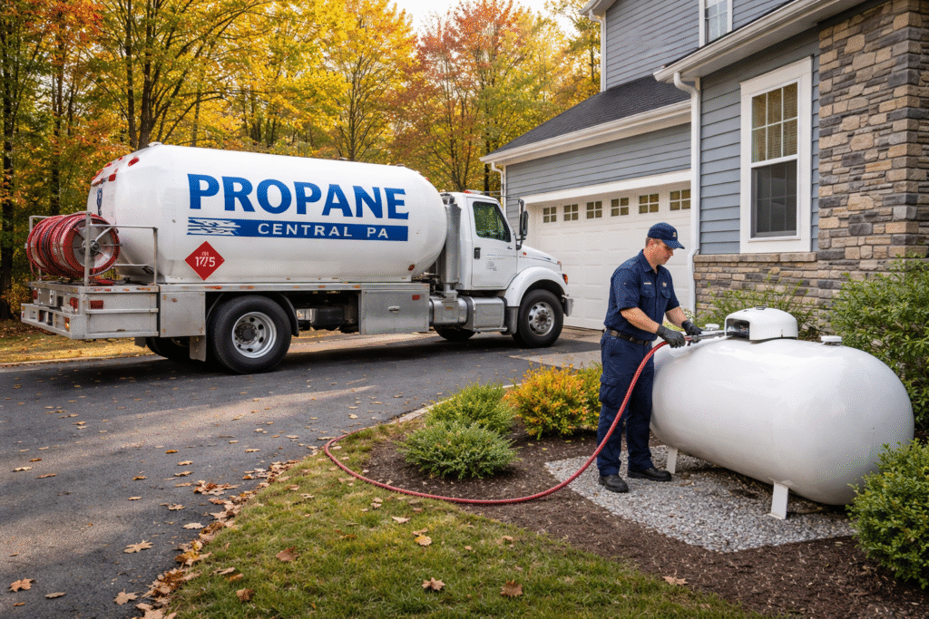 Tapper Energy propane delivery technician filling an above-ground propane tank at a suburban home in Harrisburg and Mechanicsburg PA during winter