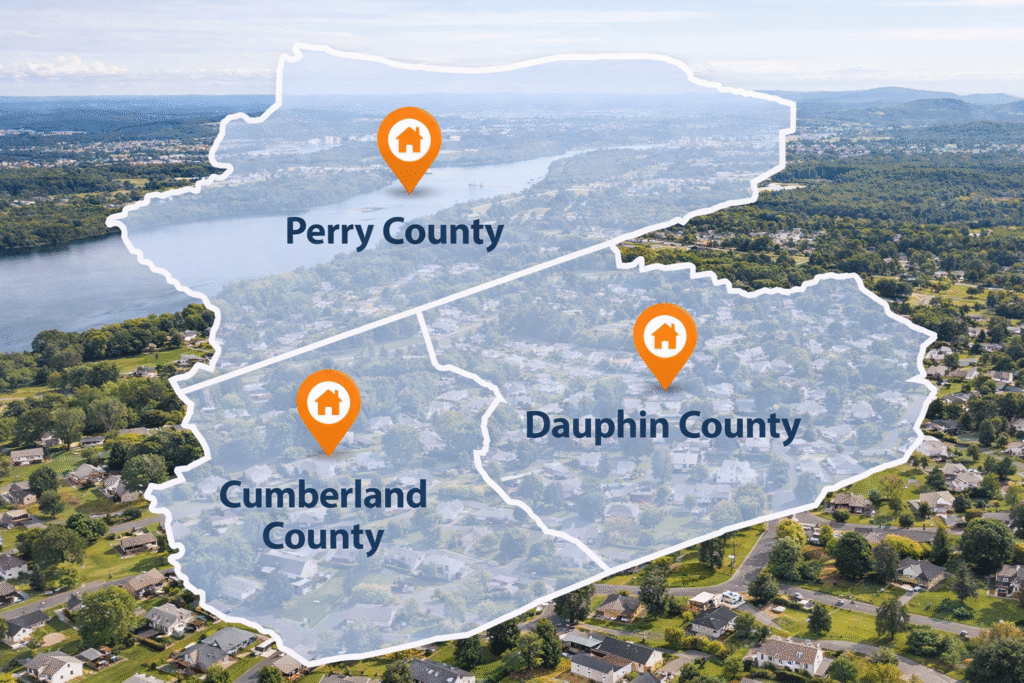 Tapper Energy propane delivery service area map highlighting Dauphin County Harrisburg Cumberland County Mechanicsburg and Perry County Central PA with residential neighborhood background and location pins showing local propane coverage across the Susquehanna Valley Midstate region