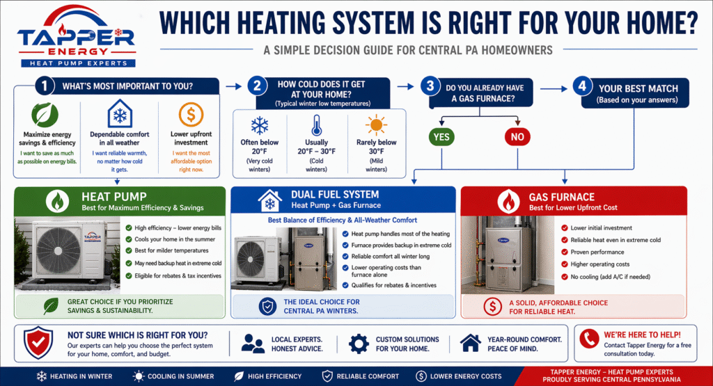 Heat pump vs furnace Central PA decision flowchart helping homeowners choose between heat pump, furnace, or dual fuel system