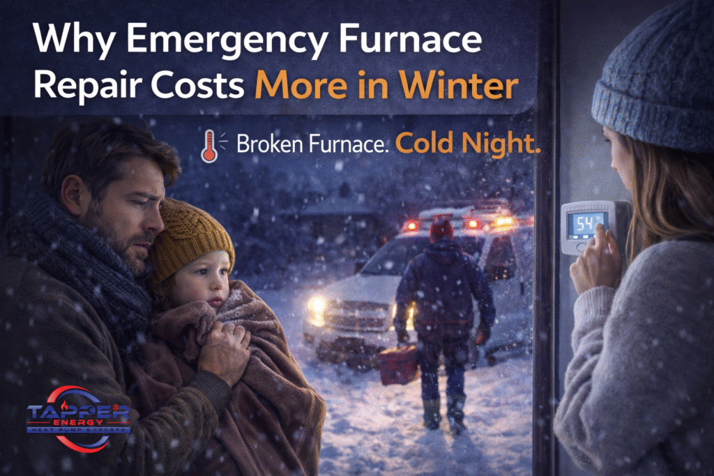 Emergency furnace repair Harrisburg PA — worried homeowner checking thermostat in cold house with snow outside