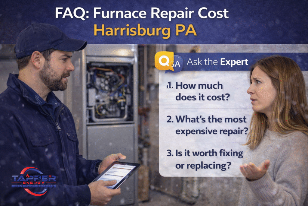 Furnace repair cost Harrisburg PA FAQ infographic — answers to how much does furnace repair cost, most expensive repair, and repair vs replace