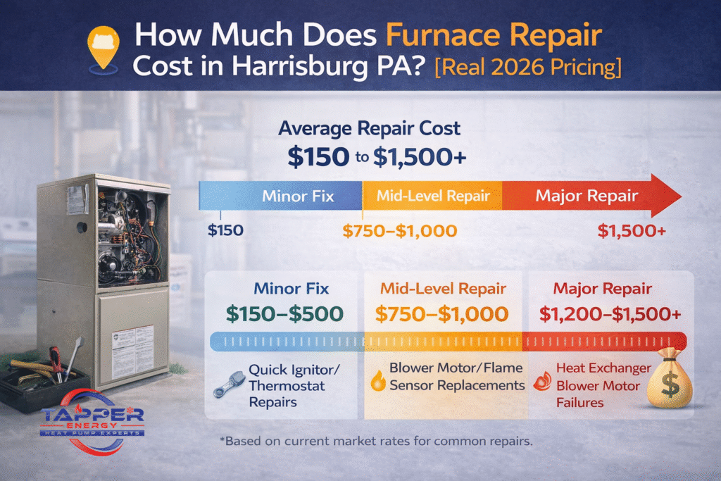 Furnace repair cost Harrisburg PA infographic showing price ranges from $80 minor fixes to $2,500 major repairs