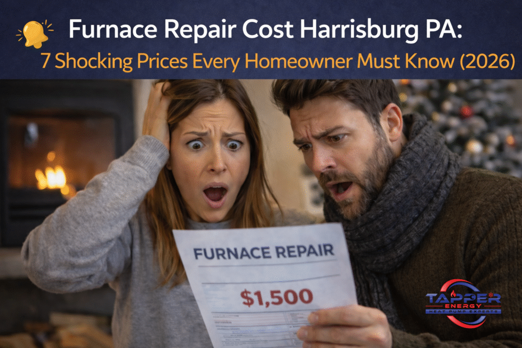 Harrisburg PA homeowner looking shocked while reading a furnace repair cost estimate showing $1,500