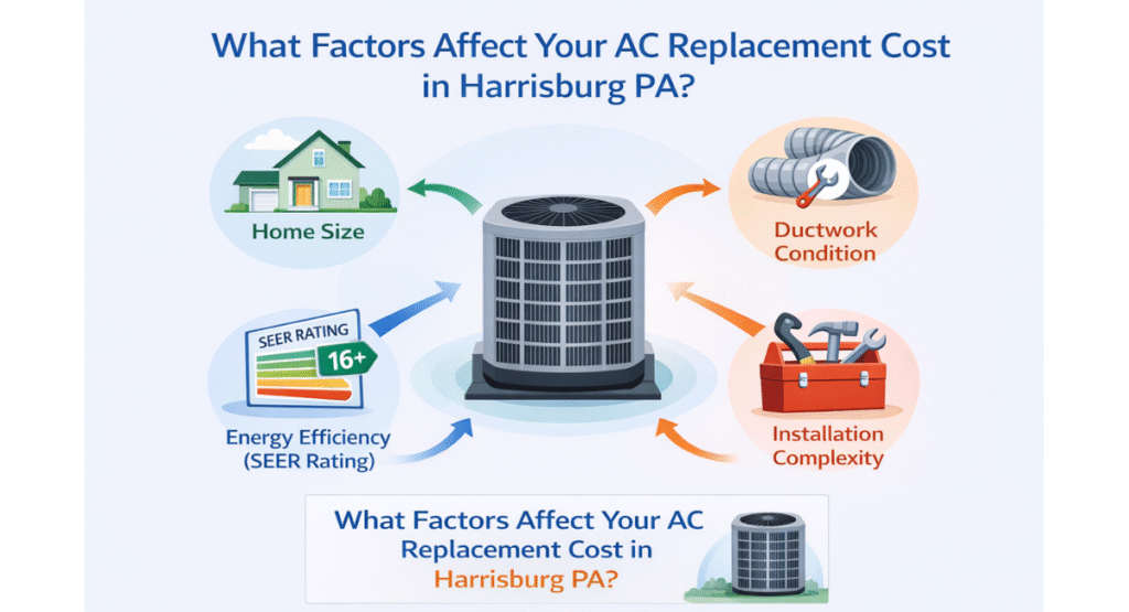 Infographic showing four key factors that affect AC replacement cost in Harrisburg PA including home size, ductwork condition, SEER2 energy efficiency rating, and installation complexity