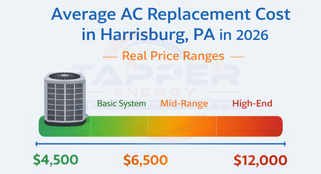 Infographic showing AC replacement cost in Harrisburg PA for 2026 with price ranges from $3,800 for budget systems to $12,000 for premium high-efficiency units