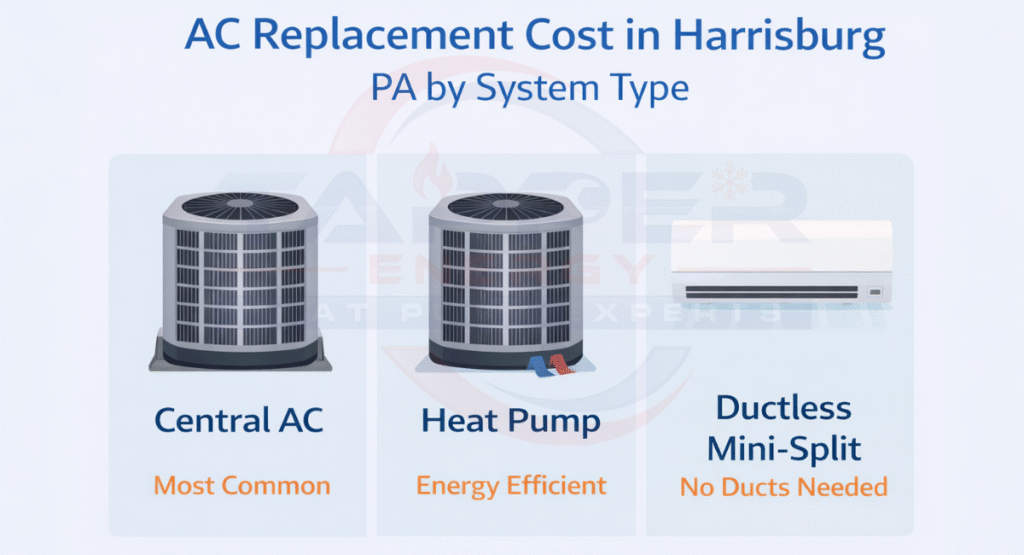 Side-by-side comparison of three AC system types affecting AC replacement cost in Harrisburg PA showing central AC as most common, heat pump as energy efficient, and ductless mini-split as no ducts needed