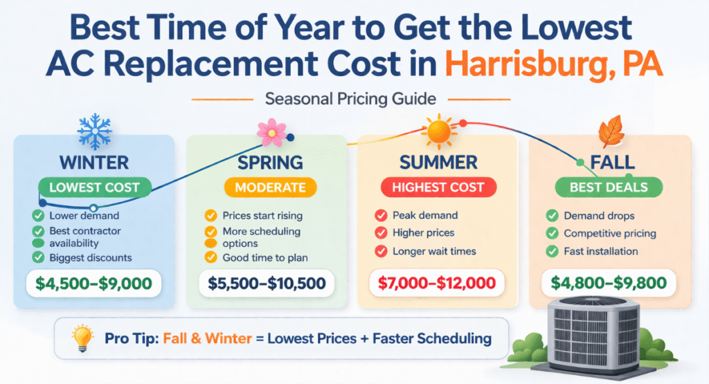 Seasonal timeline chart showing when AC replacement cost in Harrisburg PA is lowest in winter and fall versus highest during summer with a price curve peaking in June through August