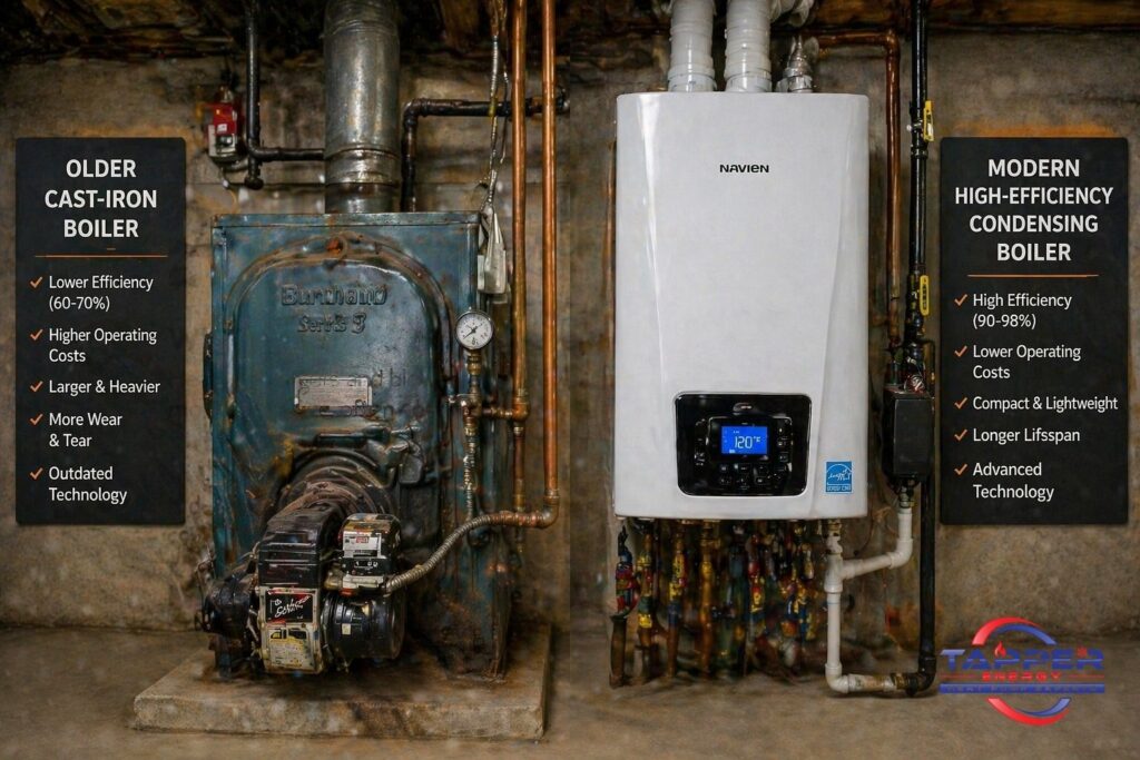 Old cast-iron boiler vs new high-efficiency condensing boiler comparison for boiler repair Harrisburg PA homeowners.
