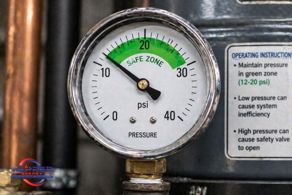 Boiler pressure gauge in the green safe zone β a key reading checked during boiler repair Harrisburg PA inspections.