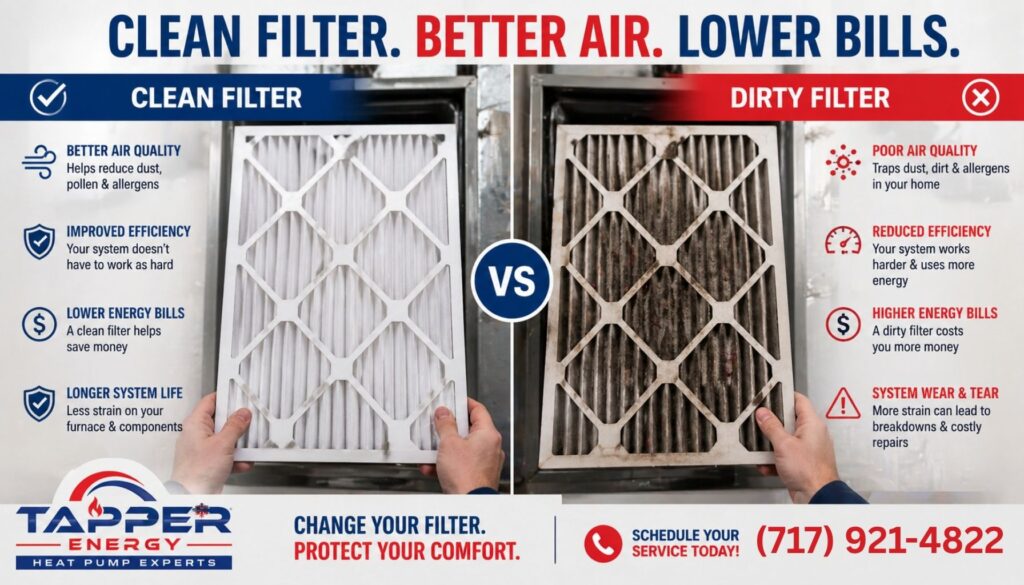Clean vs dirty furnace filter comparison showing common cause of emergency furnace repair Harrisburg PA service calls