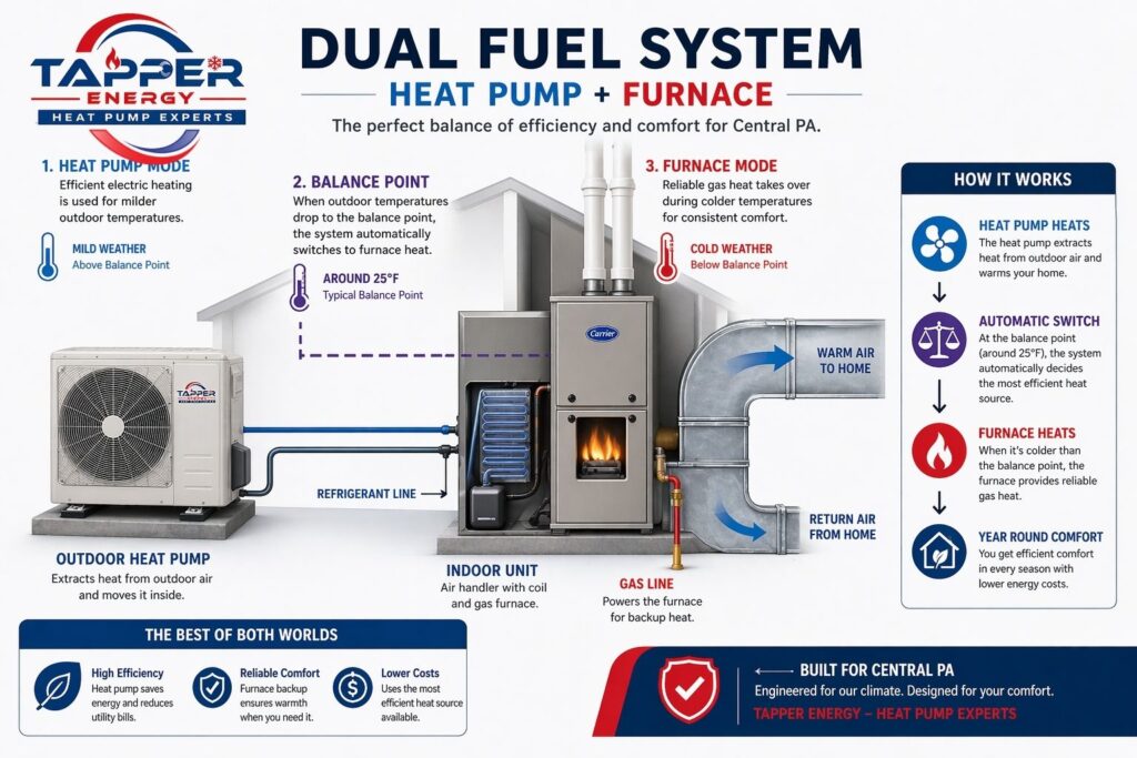 Dual fuel heat pump Harrisburg PA system diagram showing heat pump and backup furnace setup