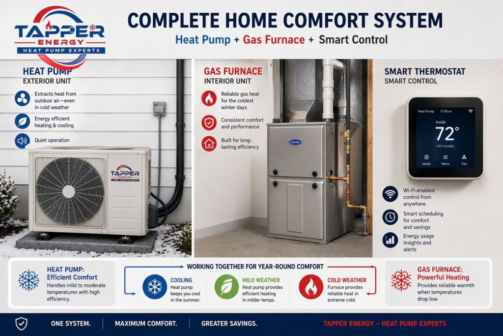 Heat pump vs furnace Central PA comparison showing exterior heat pump unit and indoor gas furnace with smart thermostat