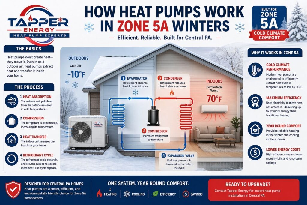 How heat pumps work in Central PA winter Zone 5A infographic by Tapper Energy