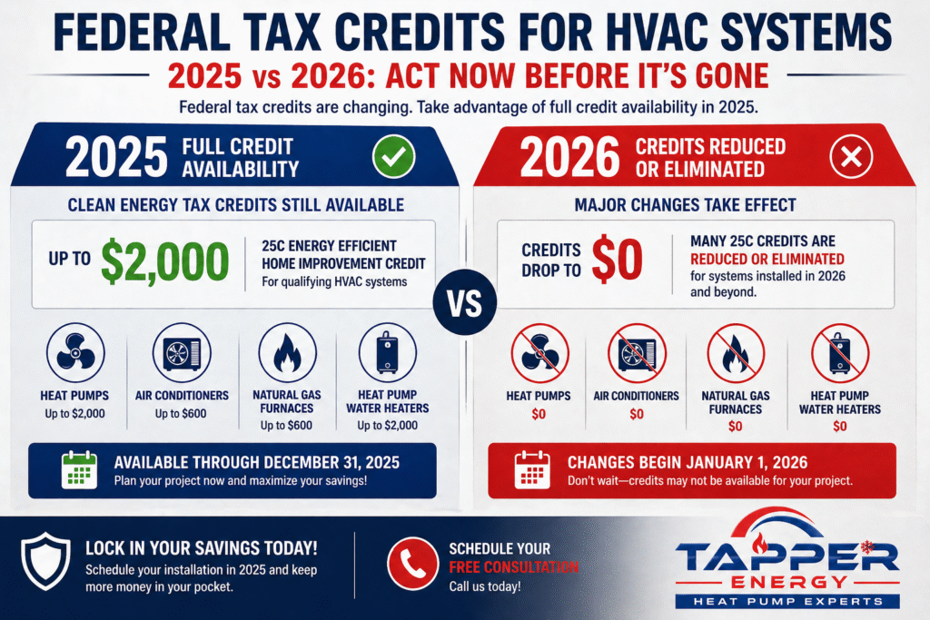 HVAC rebates Pennsylvania 2026 comparison graphic showing expired federal Section 25C and 25D tax credits versus available state and utility programs