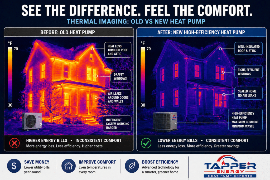 HVAC rebates Pennsylvania 2026 Harrisburg case study before and after thermal imaging showing heat loss with old furnace versus efficient new heat pump