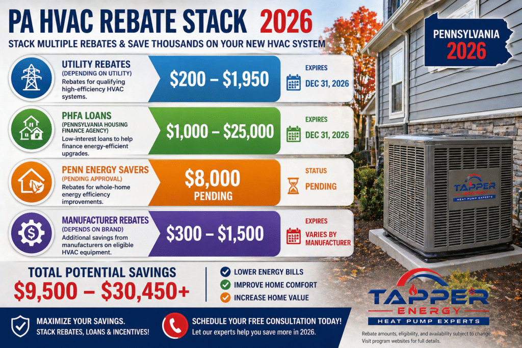 HVAC rebates Pennsylvania 2026 stacking infographic showing utility rebates, PHFA loans, Penn Energy Savers, and manufacturer incentives with expiration dates