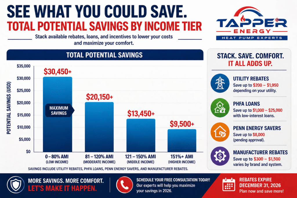 HVAC rebates Pennsylvania 2026 bar chart comparing total potential savings across low, moderate, and above 150 percent area median income tiers