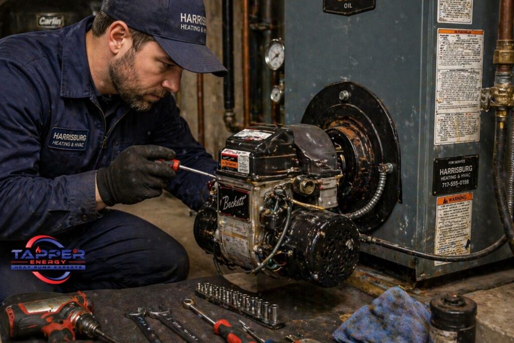 Technician performing oil boiler repair Harrisburg PA service on a burner assembly with tools laid out for maintenance.