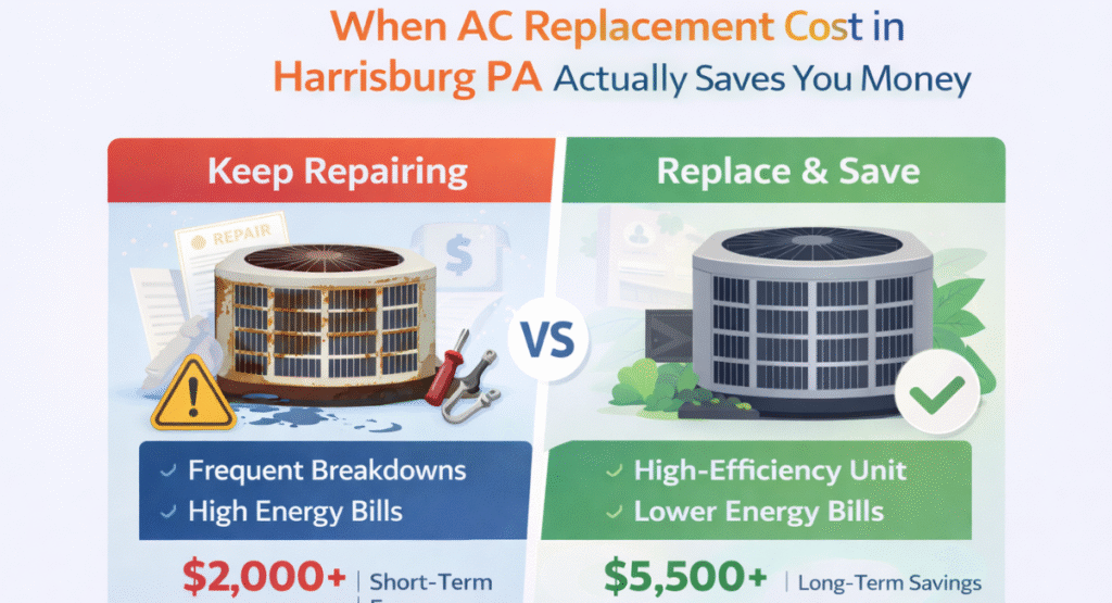 Repair vs replace air conditioner comparison showing old rusty AC unit with repair tools on one side and new energy-efficient AC system on the other