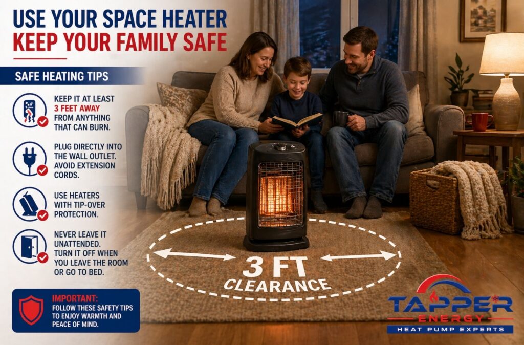 Family using space heater safely with 3-foot clearance during emergency furnace repair Harrisburg PA winter outage