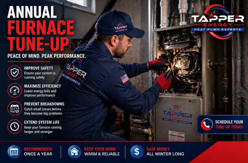 Tapper Energy technician performing annual furnace tune-up to prevent emergency furnace repair Harrisburg PA breakdowns