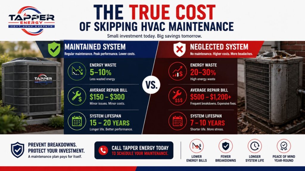 Infographic comparing maintained vs. neglected HVAC systems showing energy waste, repair costs, and lifespan for Harrisburg homes